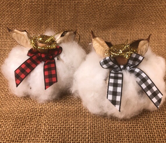 Farmhouse Cotton Boll Ornament, Buffalo Plaid bows, Cotton Gift for him, Second Anniversary, Wedding Favor, Rustic Decor, Cotton Angel
