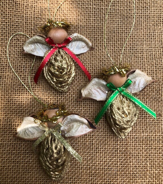 Peach Angels set, 3 Gold, Real Peach Ornaments from Peach seed, Christmas Ornament, Peach Gift, Gift for her, Southern Gift, Secret Santa