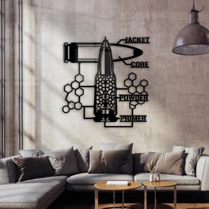 May include: Black metal wall art depicting a detailed diagram of a bullet's components, including the jacket, core, powder, and primer. The design features geometric shapes and text labels, suitable for a home or office.