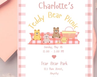 Teddybär-Picknick-Geburtstagsfeier-Einladung - Bearbeitbare Vorlage