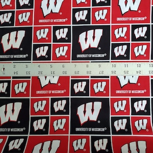 University of Wisconsin Block print NCAA licensed fabric by Sykel Enterprises -apparel, Bucky Badger, collegiate fabrics- by the yard