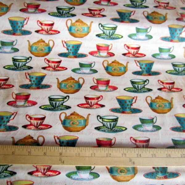 Teapot Flora Collection David Textiles Teapots and Teacups Multi cotton quilting fabric - teapots, teacups, floral, butterflies