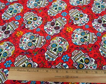 Southwest Sugar Skulls on Red Fabric by David's Textiles - day of the dead, folklorica, dia de los muertos - 27" x 44" piece