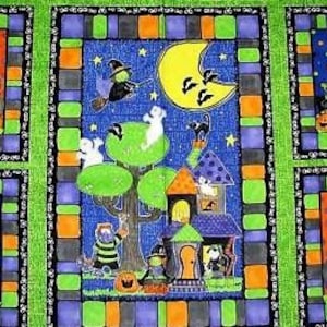 Midnight Monsters 23x44 cotton fabric halloween panel by Kylie Kreations for SSI - mummy, ghoul, witch, frankenstein and bride, crafting OOP