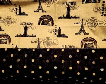 Travel Theme Pillowcase Cotton Fabric Set - base fabric and edging - pillowcases, London, Paris, New York, polka dots