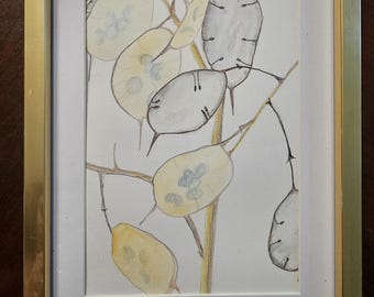 Honesty Plant Original Fine Art Painting Wall Art 5 by 7 by OrganicallyNico with frame