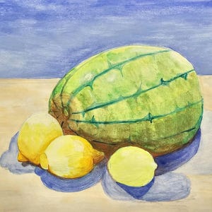 Watermelon Lemons and Limes Fruit Still Life Original Fine Art Painting Wall Art 5 by 7 by OrganicallyNico with frame