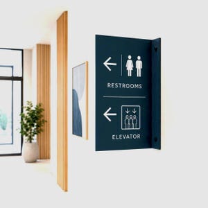 Puede incluir: Un letrero direccional de pared azul oscuro con gráficos y texto en blanco. La sección superior muestra una flecha a la izquierda, iconos de baños y la palabra RESTROOMS. La sección inferior muestra una flecha, un icono de ascensor y ELEVATOR.