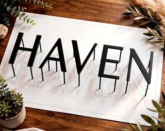 May include: A set of five three-dimensional black metal letters spelling the word HAVEN, each mounted on thin metal pins. The letters are positioned over a white paper template featuring a faint outline of the word HAVEN with technical markings.