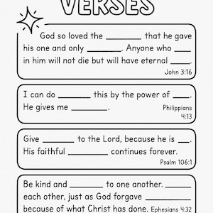Może przedstawiać: Czarno-biała strona do kolorowania ze słowami "BIBLE VERSES". Strona zawiera wersety biblijne z sekcjami do uzupełnienia, serce, kwiat i inne elementy dekoracyjne.