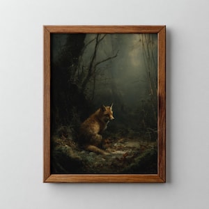 Vintage Fox Painting Digital Download, Antique Fox Print, Gothic Fox PDF, Fox in Forest Oil Painting, Forestcore Wall Art, Dark Academia Fox