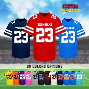 May include: Three customizable football jerseys in navy, red, and blue, each with the number 23. The jerseys have white accents and the text "TEAM NAME". The image also displays 80 color options and the text "CUSTOM ANY DESIGN".