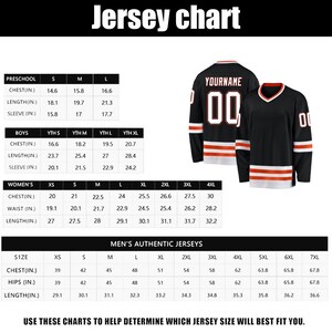 May include: Jersey chart with size measurements for preschool, boys, women's, and men's jerseys. Includes chest, waist, hip, length, and sleeve measurements in inches. Two black jerseys with orange and white stripes are displayed.