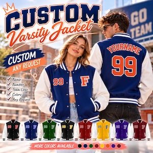 May include: A navy blue and white varsity jacket featuring the number 99 in orange on the chest and back, with white sleeves, striped ribbed cuffs, and a snap-button front. The back displays the text YOURNAME above the number 99.