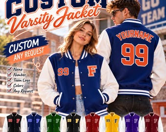 May include: A navy blue and white varsity jacket featuring the number 99 in orange on the chest and back, with white sleeves, striped ribbed cuffs, and a snap-button front. The back displays the text YOURNAME above the number 99.