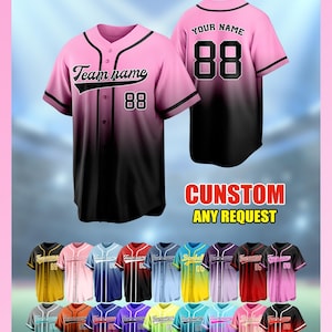 May include: Pink and black baseball jersey with the text "Team name" and the number "88" on the front. The back of the jersey has the text "YOUR NAME" and the number "88". The image also shows a variety of other jersey colors.