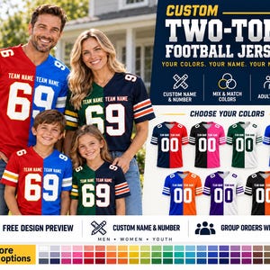 May include: Custom two-tone football jerseys with V-necks, featuring the text 'TEAM NAME' and the number '69' on the front. The jerseys are available in various color combinations, including red and blue, green and black, and orange and blue.