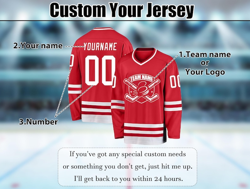 May include: Red hockey jersey with white accents, featuring a team logo, name, and number. The jersey design includes space for customization of the team name, player name, and number. Text at the top says "Custom Your Jersey".