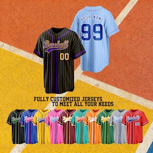 May include: Baseball jerseys in various colors, including black, blue, yellow, pink, and red. The jerseys feature stripes, the word "Baseball", and the number "00" or "99". The text "YOUR NAME" is on the back of a blue jersey. The text "FULLY CUSTOMIZED JERSEYS TO MEET ALL YOUR NEEDS" is also visible.