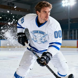 May include: A white hockey jersey with blue accents, featuring the text "TEAM NAME" and the number "00" in blue. The jersey is worn with black gloves and a hockey stick. The image is taken on an ice rink.