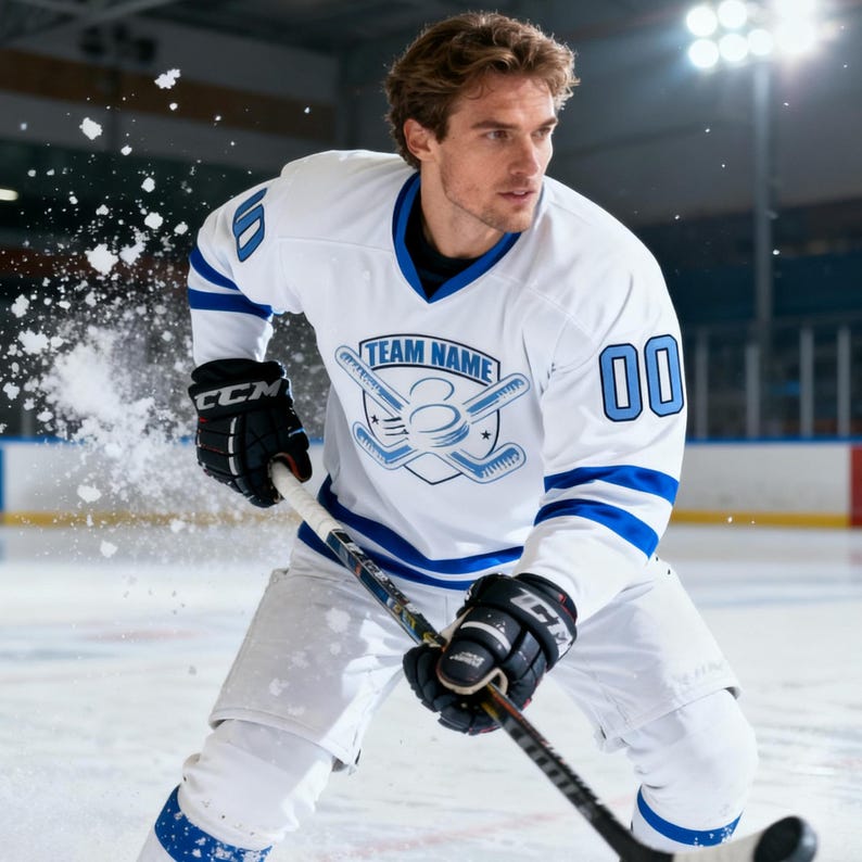 May include: A white hockey jersey with blue accents, featuring the text "TEAM NAME" and the number "00" in blue. The jersey is worn with black gloves and a hockey stick. The image is taken on an ice rink.