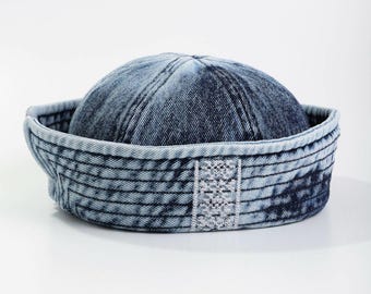 Gorro marinero bohemio de mezclilla con bordados para mujer, gorra azul elegante para el verano.