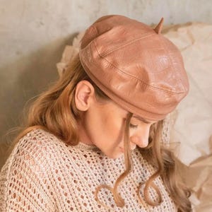 Premium French Beret in Vegan Leather Python (Cappuccino) - Elegant Fall Winter Hat for Women