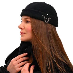 Docker Cap Black Docker Hat with Decorative Arrow Chain, Cotton, Wool and Polyester Blend Fisherman Cap for Women and Men