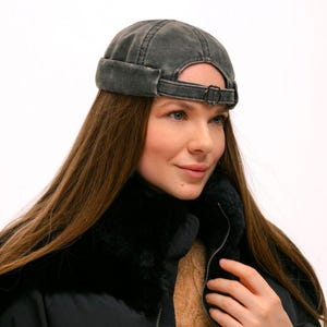 Docker Cap in Gray Faux Leather, Vintage Fisherman Hat with Sculpted Brim and Adjustable Metal Detail