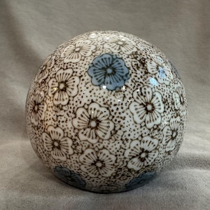 Blue and Grey Accents, Intricate Floral Pattern, Decorative Porcelain Sphere