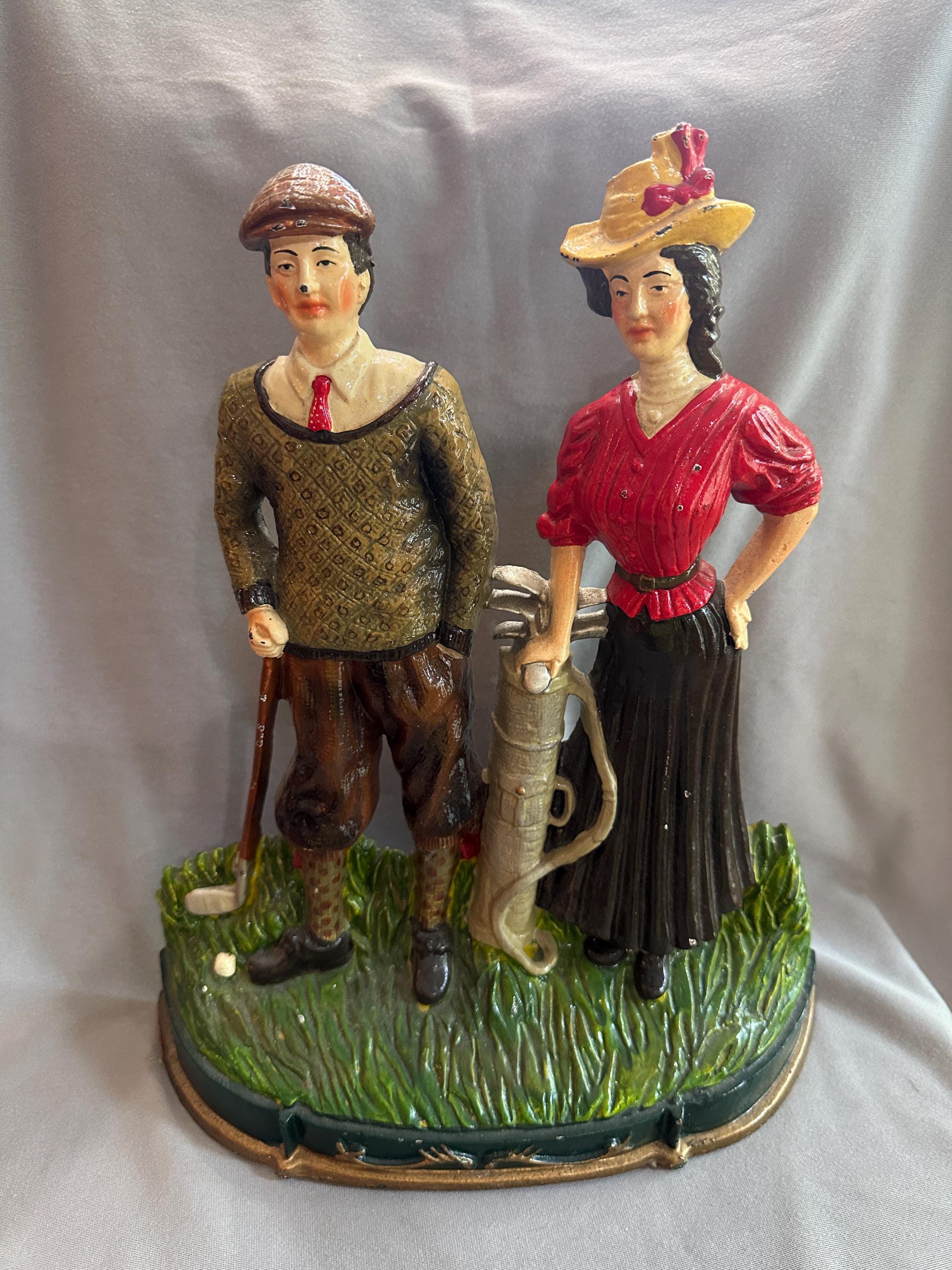 An Unusual Vintage Cast Iron Door Stop Figurine Golfer With Putter and Plus Fours in Traditional