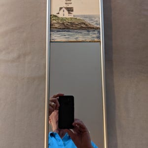 Hand-painted Maine Lighthouse Tile Inset in Trumeau-Style Mirror & Metal Frame