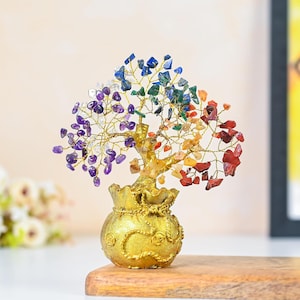 7 Chakra Crystal Bonsai Tree with Golden Money Bag Base  Healing Gemstone Tree for Wealth, Prosperity & Positive Energy Feng Shui Good Luck