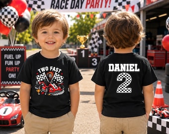 Two Fast Birthday Shirt, 2nd Birthday Racer Car Tee, Custom Name Toddler Racing Shirt, Boys Second Birthday Outfit Top, Kids Party T Shirt