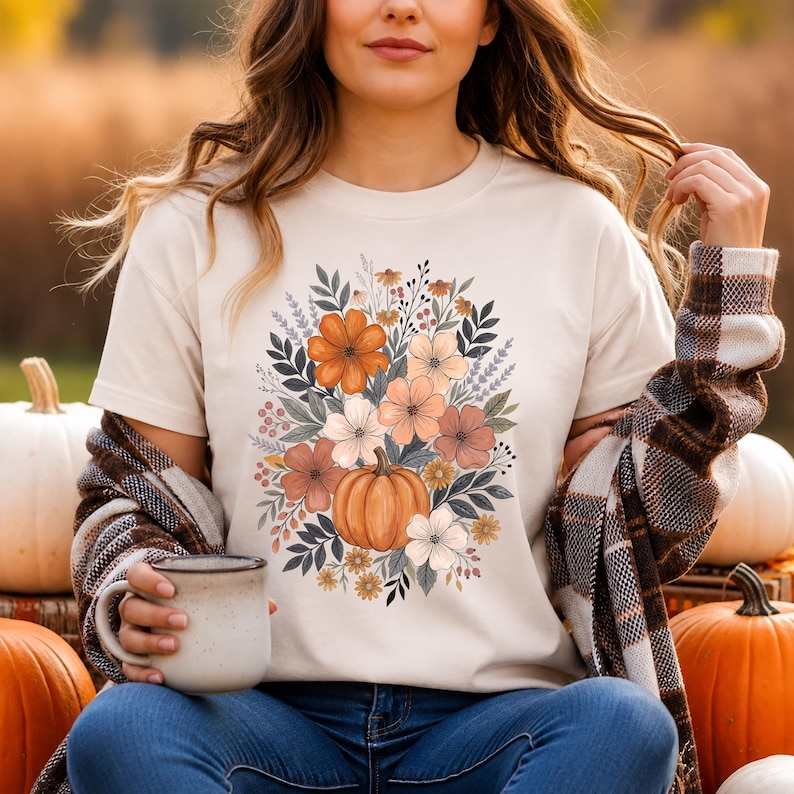 以下が含まれることがあります： クリーム色のTシャツで、中央にカボチャと、オレンジ、ピーチ、ブラウン、落ち着いたグリーンの色合いの花や葉のブーケが描かれたグラフィックプリントがあり、丸首で半袖のデザインです。