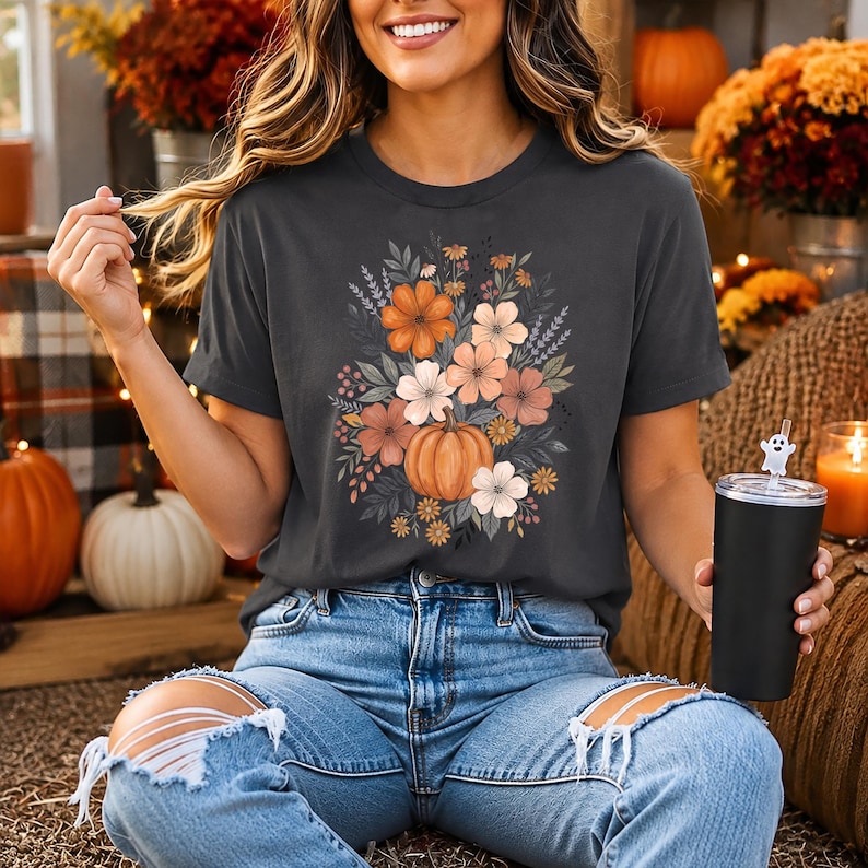 以下が含まれることがあります： チャコールグレーの半袖Tシャツ。中央にはカボチャと、その周りを囲むオレンジ、ピーチ、白の花々、そして緑の葉が描かれたグラフィックプリントが施されています。Tシャツは、ダメージ加工が施されたライトブルーのデニムジーンズと組み合わされています。