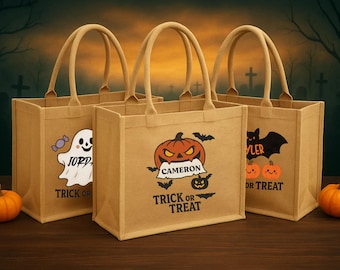 パーソナライズされたハロウィンのトリック・オア・トリートバッグ、カスタムメイドの不気味なハロウィンのジュートサック、ハロウィンの再利用可能なトリートバッグ、カスタムメイドの子供用ハロウィンバッグ