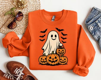 Ghost Halloween Sweatshirt, Women’s Pumpkin Ghost Sweater, Spooky Fall Jumper, Cute Halloween Party Top, Cozy Autumn Pumpkin Ghost Sweater