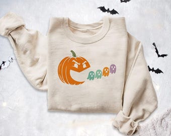 Halloween Pumpkin Ghost Sweatshirt, Pumpkin Eating Ghost Jumper, Trick or Treat Halloween Party Top, Spooky Pumpkin Ghost Halloween Jumper