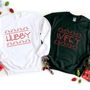 Wifey And Hubby Xmas Couple Jumper, Couple Matching Xmas Sweatshirt, Holiday Couple Xmas Matching Outfit, Festive Couple Ugly Xmas Sweater