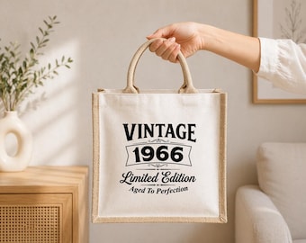 60th Birthday Jute Tote Bag, Vintage 1966 Printed Gift Bag, 60 Year Old Birthday Gift For Her, Eco Friendly Mum Friend Tote, Retro Jute Bag