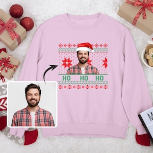 Custom Face Ugly Xmas Sweatshirt, Photo Christmas Santa Hat Sweatshirt, Custom Holiday Ugly Sweater Gift, Sweater With Face Funny Xmas Gift