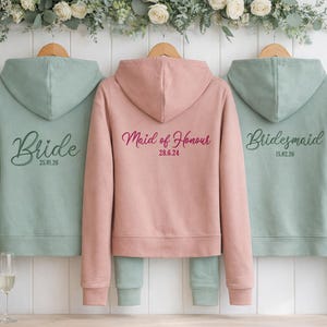 Personalised Bridesmaid Zip Up Women Hoodie, Custom Embroidered Bride Squad Zip Jacket, Wedding Date Bachelorette Hoodie, Hen Do Party Gift