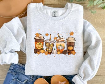 Autumn Coffee Pumpkin Spice Jumper, Cosy Fall Cute Autumn Sweatshirt, Pumpkin Latte Coffee Lover Gift Jumper, Halloween Hot Drink Sweatshirt