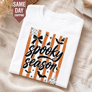 Striped Spooky Season Bat Ghost T Shirt, Funny Halloween Graphic Tee, Trendy Horror Shirt, Cute Autumn Outfit, Haunted Vibes Ghost Lover Tee image 1