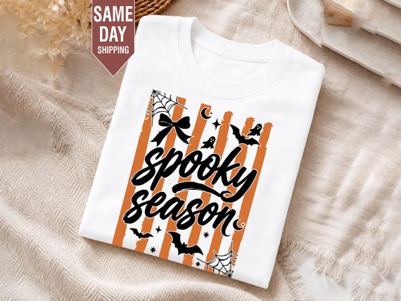 Striped Spooky Season Bat Ghost T Shirt, Funny Halloween Graphic Tee, Trendy Horror Shirt, Cute Autumn Outfit, Haunted Vibes Ghost Lover Tee