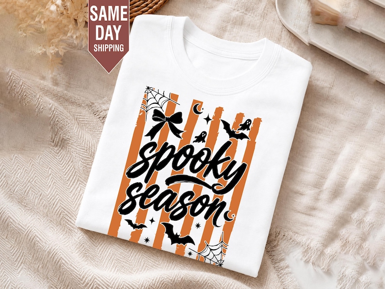 Striped Spooky Season Bat Ghost T Shirt, Funny Halloween Graphic Tee, Trendy Horror Shirt, Cute Autumn Outfit, Haunted Vibes Ghost Lover Tee image 1