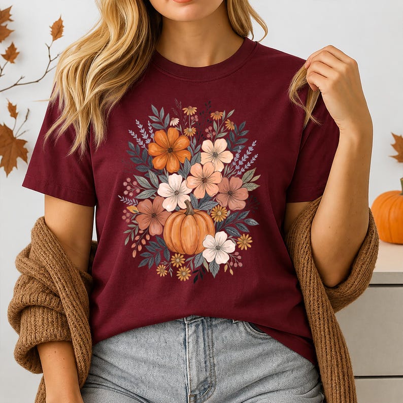 以下が含まれることがあります： ボルドー色の半袖Tシャツ。中央にはカボチャと、オレンジ、ピンク、白、くすんだ緑色の花や葉が描かれたグラフィックプリントがあり、茶色のニットカーディガンを重ね着しています。