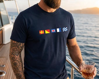 Personalised Nautical Signal Flag T Shirt, Custom Name Cotton Tee, Coastal Sailor Gift, Ocean Alphabet Maritime Crew Top, Marine Flag Tees