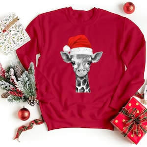 Giraffe Christmas Sweatshirt, Funny Santa Hat Xmas Jumper, Cute Animal Holiday Sweater, Family Matching Christmas Outfit, Winter Gift Tops
